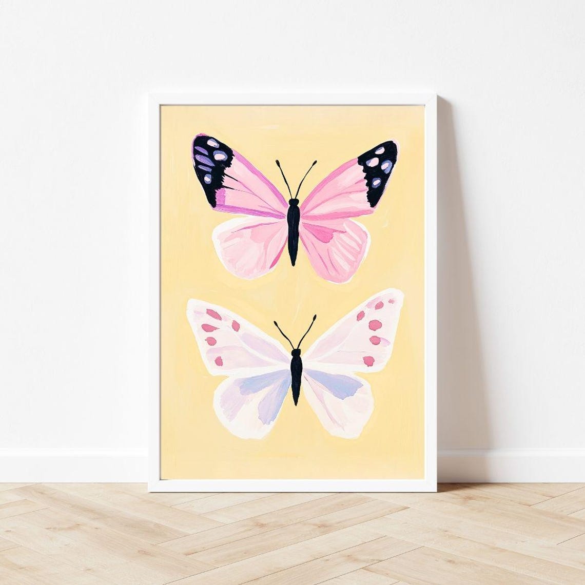 Pink And White Butterfly Pair On Yellow Entomology Art Poster - Image 3