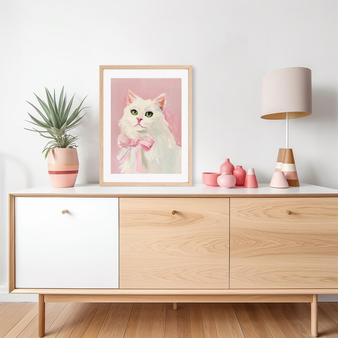 White Cat With Pink Bow, Grandmillennial Wall Art Print - Image 3
