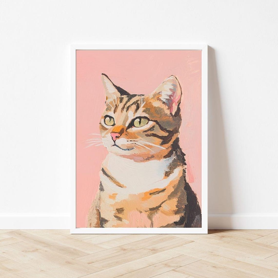 Tabby Cat Portrait With Green Eyes on Pink Background Poster - Image 3