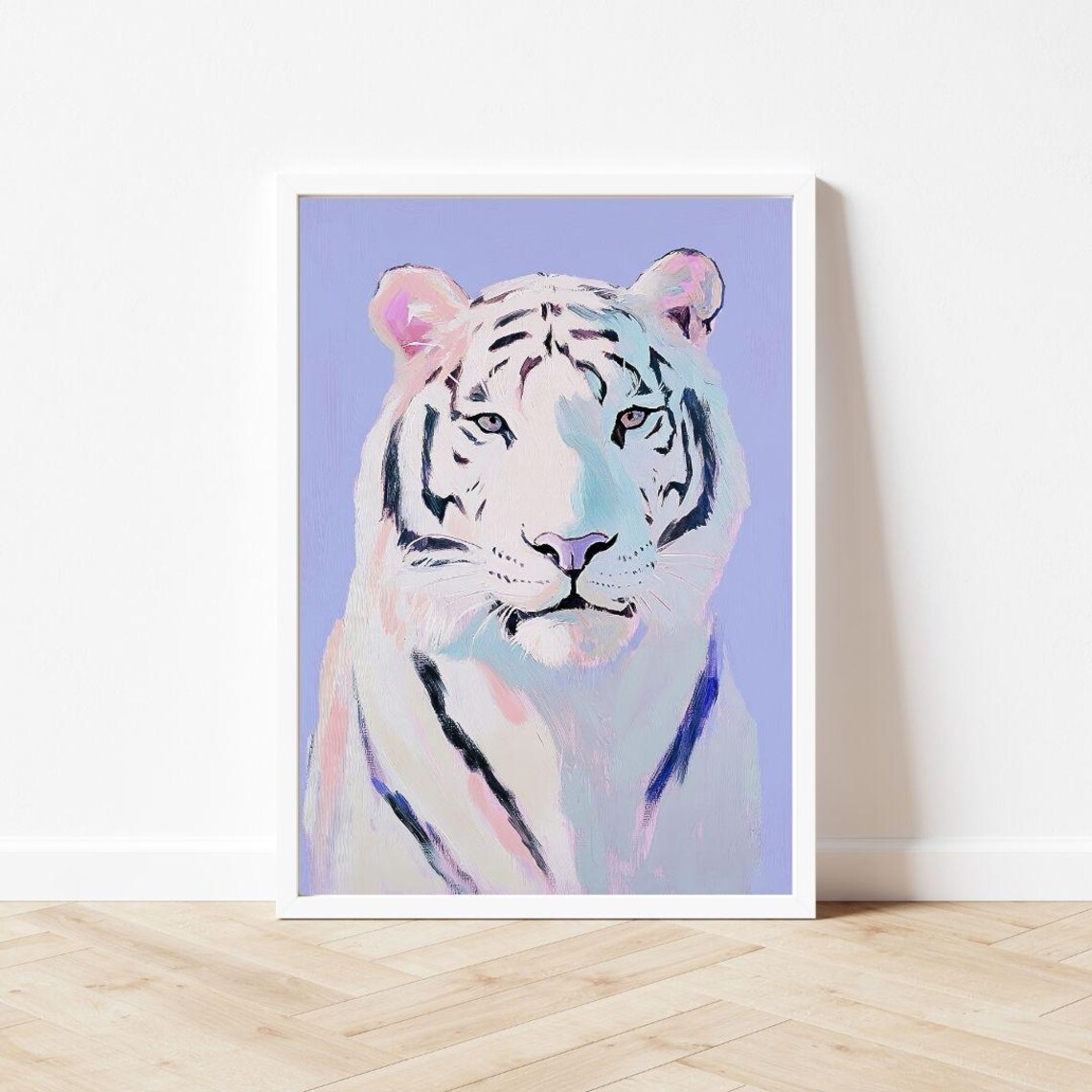 White Tiger Portrait On A Lavender Background Painting Poster - Image 3