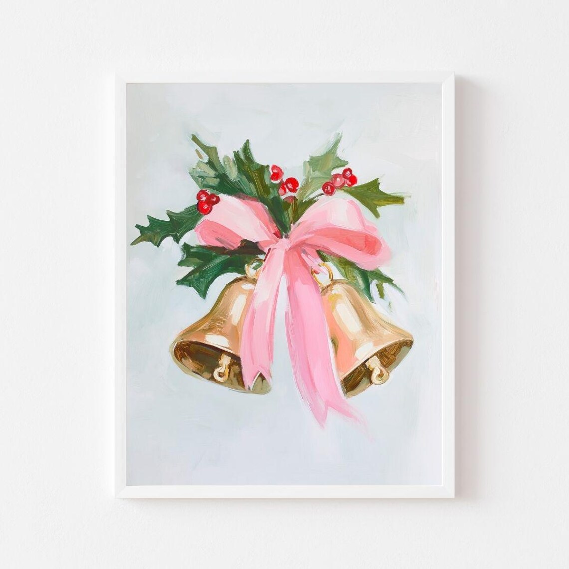 Gold Christmas Bells Tied With Pink Bow And Holly Leaves Poster