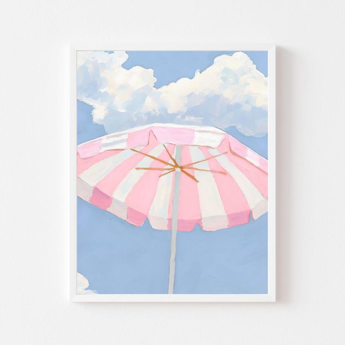 Pink Striped Beach Umbrella Retro Coastal Art Print