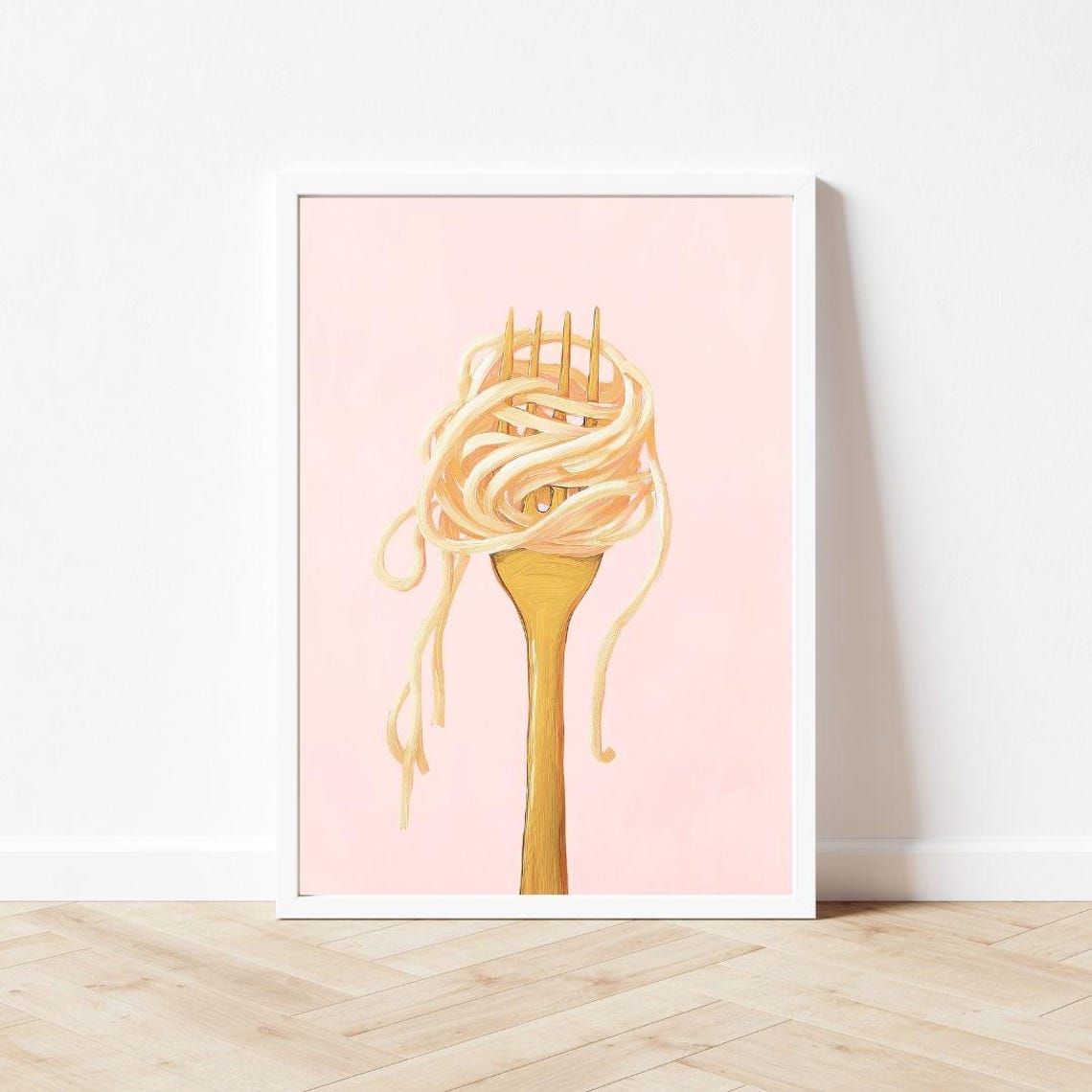 Spaghetti Twirled On A Gold Fork Pink Kitchen Decor Art Poster - Image 3