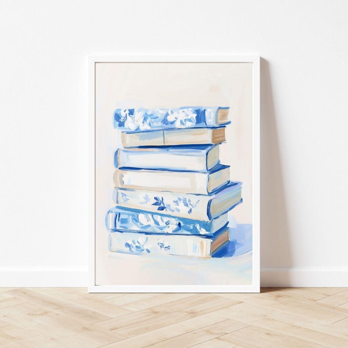 Blue Floral Book Stack, Grandmillennial Art Print - Image 3