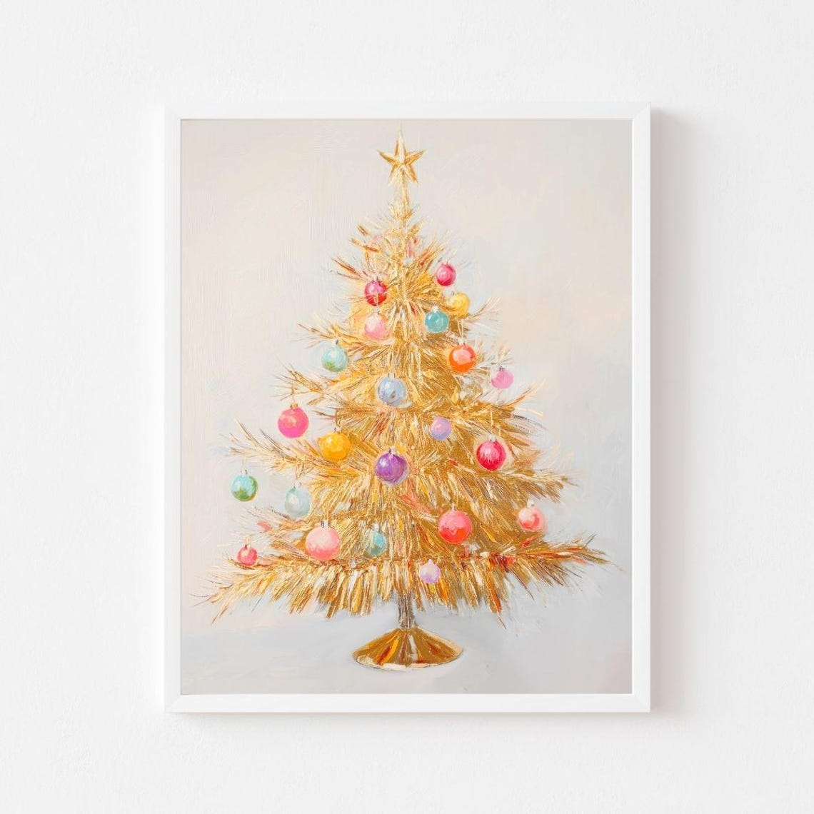 Gold Tinsel Christmas Tree with Colorful Ornaments Painting Poster