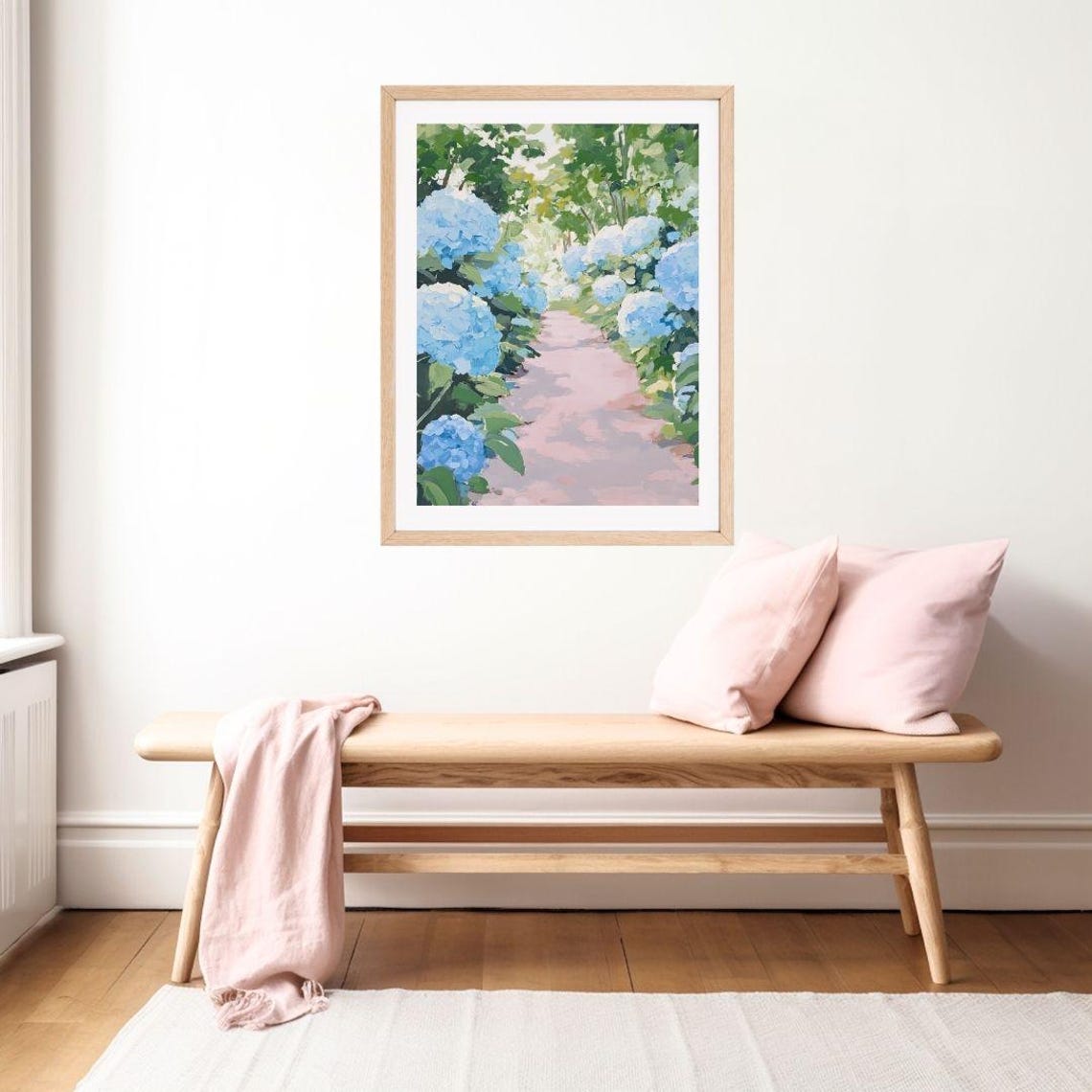 Blue Hydrangea Lined Garden Path Painting in Soft Colors Poster - Image 2