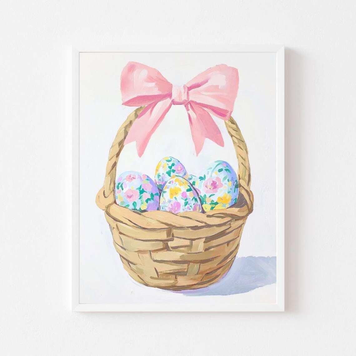 Easter Basket with Pink Bow Filled with Floral Eggs Painting Poster