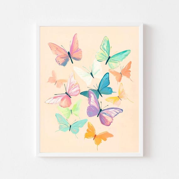 Pastel Butterflies Wall Art Print Preppy Butterfly Girls Room Painting Watercolor Poster Colorful Tween
