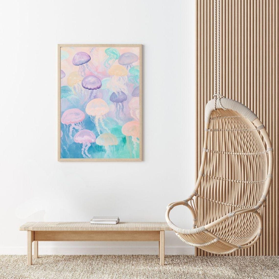 Abstract Pastel Jellyfish Painting Girls Room Ocean Wall Art Print Coastal Beach House Colorful Animal - Image 2