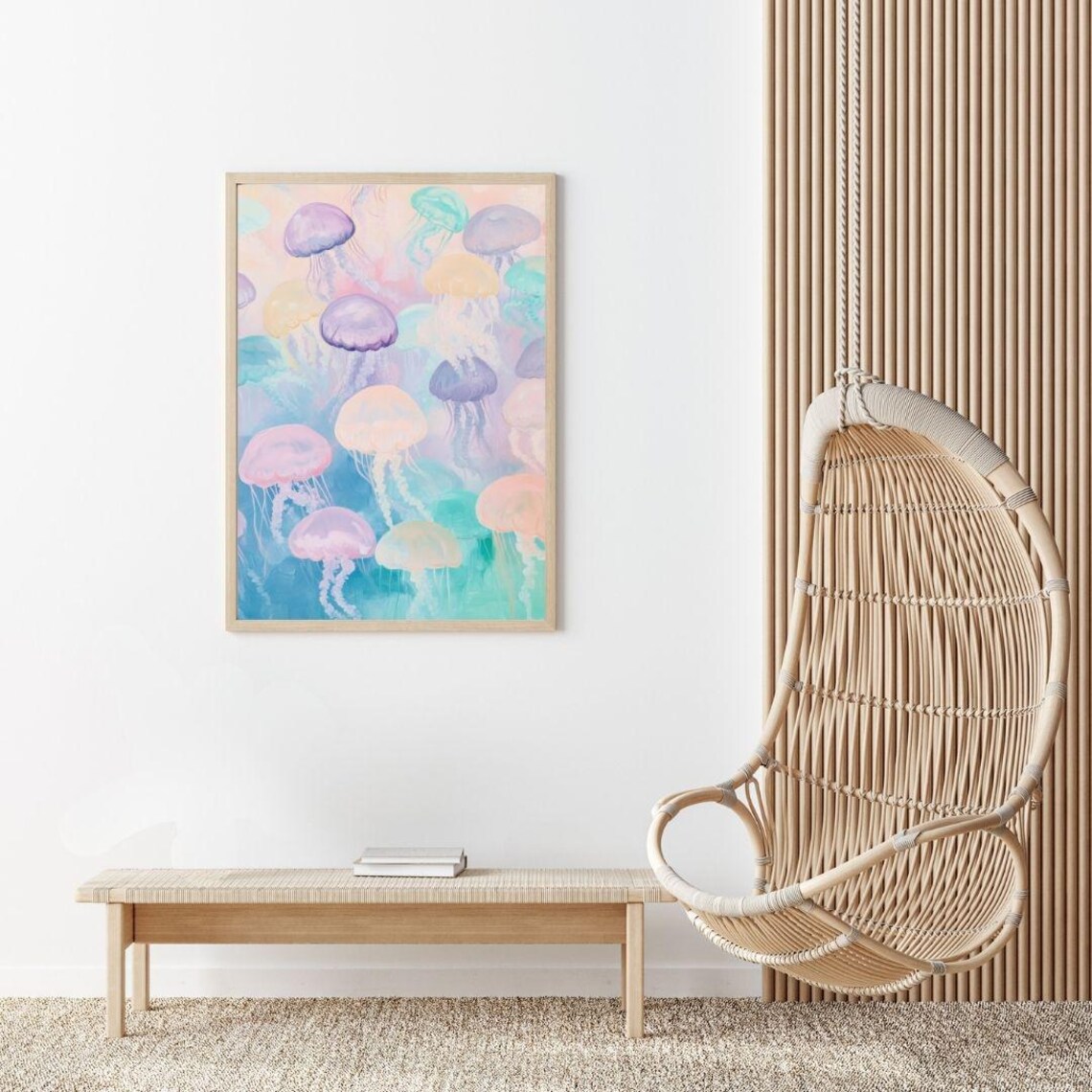 Pastel Jellyfish Swarm Ocean Painting Colorful Underwater Wall Poster - Image 2