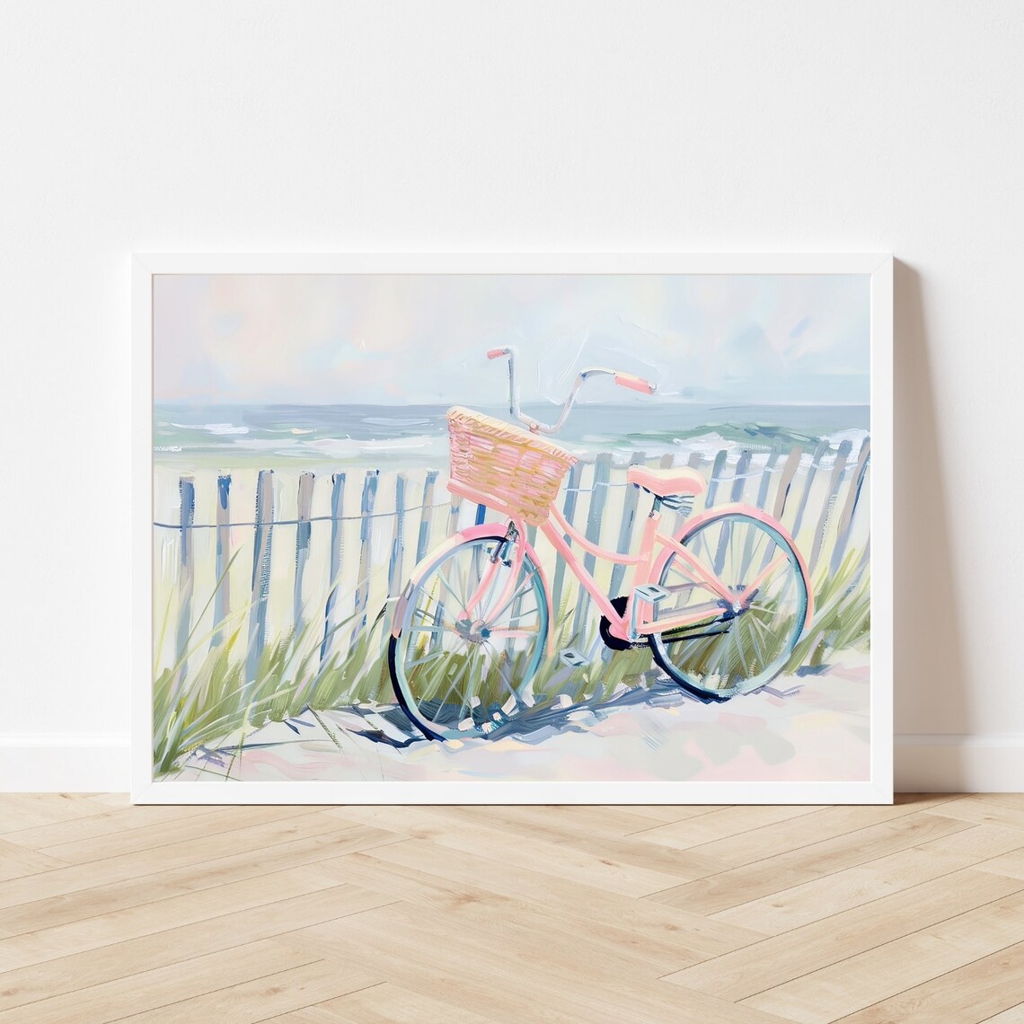 Pink Beach Cruiser, Coastal Bicycle Summer Art Print - Image 3