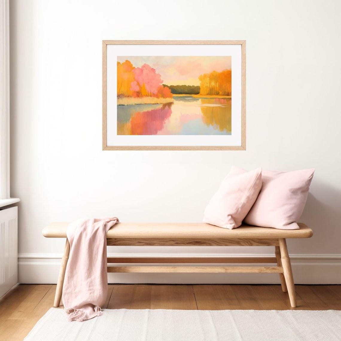 Pink and Gold Autumn Forest Lake Reflections Painting Poster - Image 2