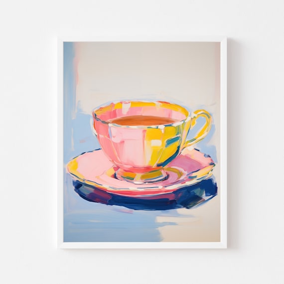 Colorful Teacup Painting Coffee Station Shop Art Print Tea Mug Still Life Cafe Pink Restaurant Wall Decor