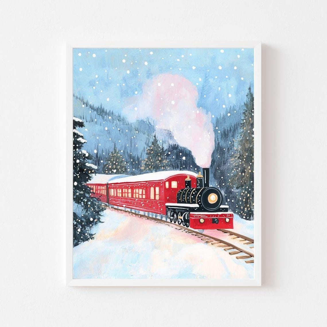 Christmas Red Steam Train Traveling Through Snowy Forest Poster