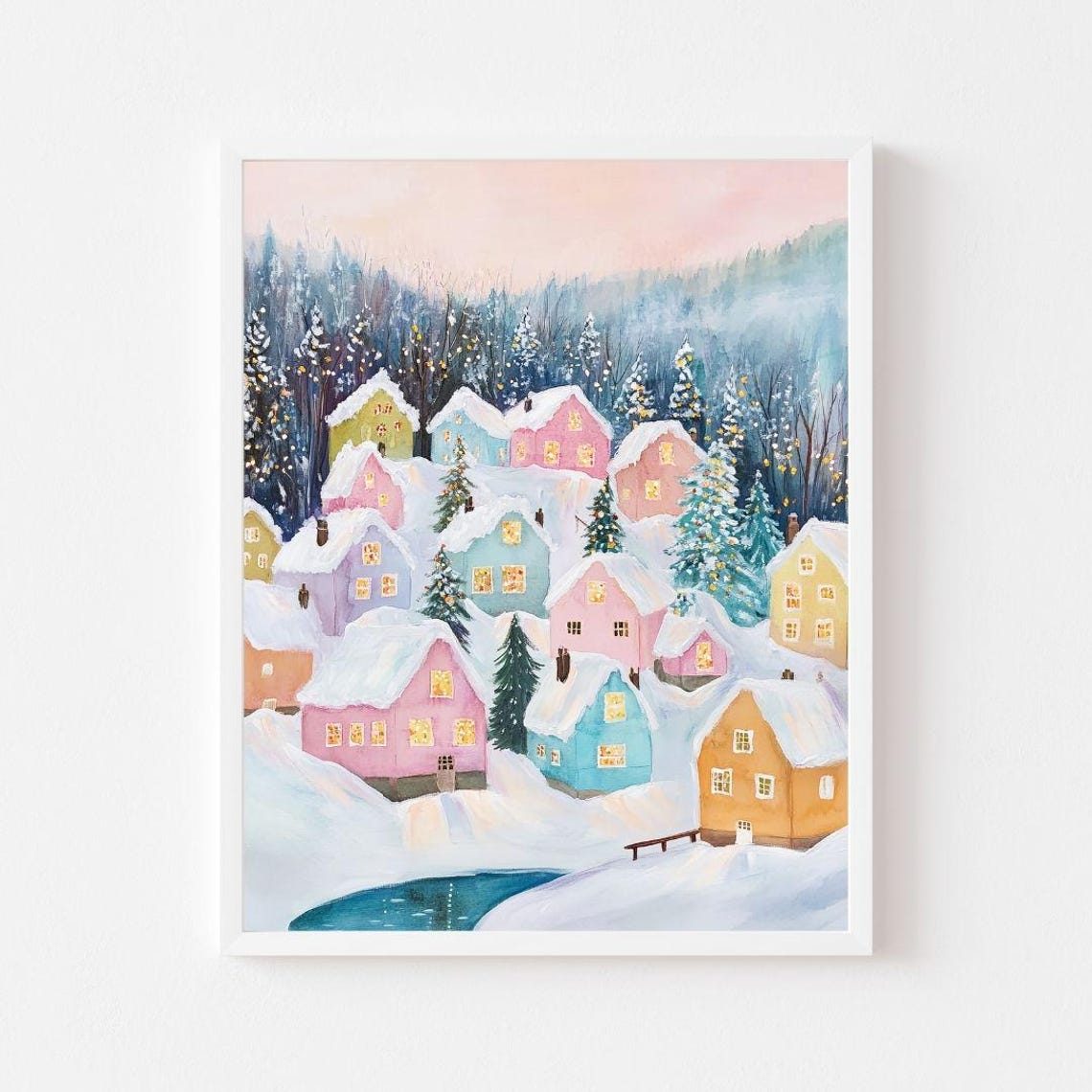 Pastel Snowy Mountain Village With Glowing Warm Windows Poster
