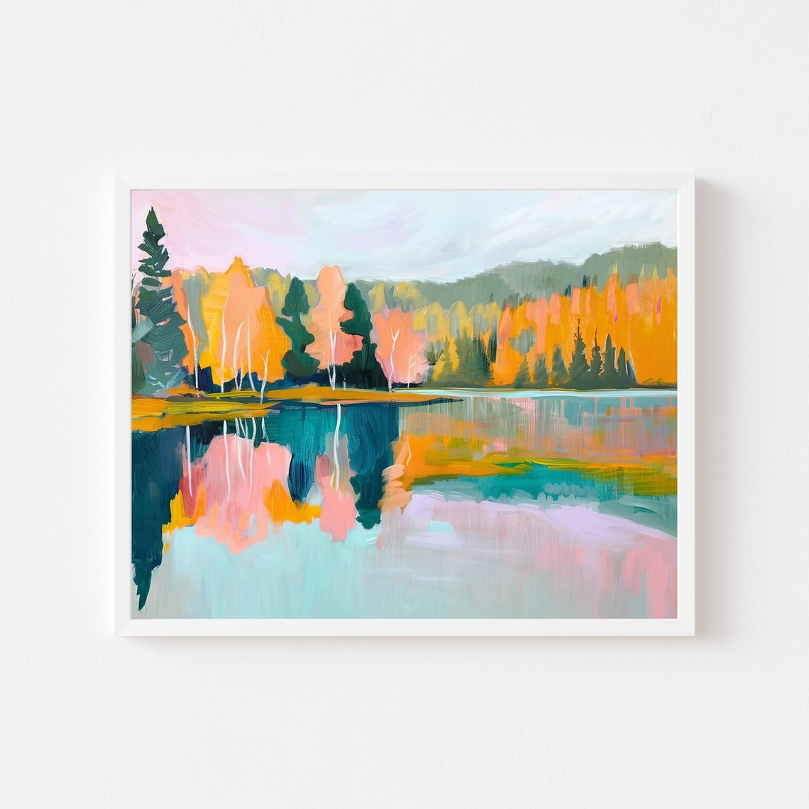 Vibrant Autumn Forest Lake Reflections Landscape Painting Poster