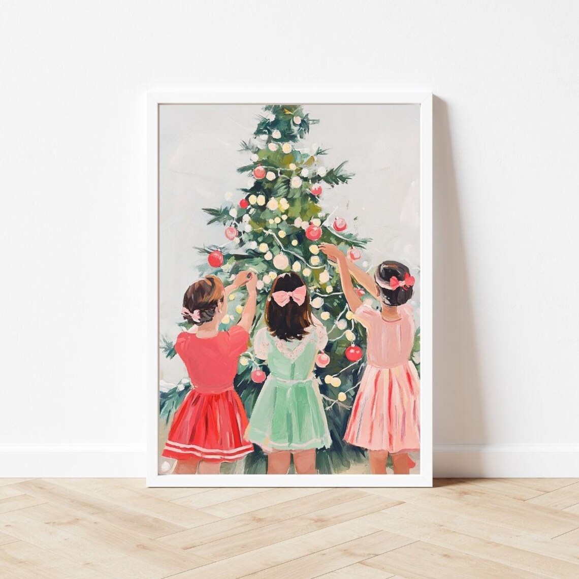 Three Girls Decorating Christmas Tree, Retro Art Print - Image 3