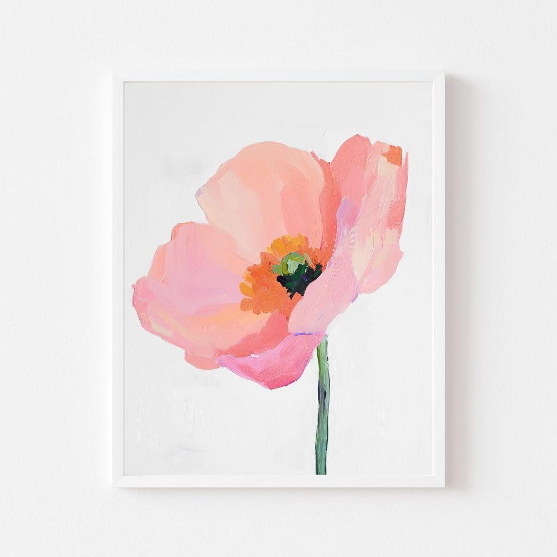 Single Pink Poppy Painting Pastel Flower Wall Art Print Classic Coral Anemone Vintage Girls Room Floral