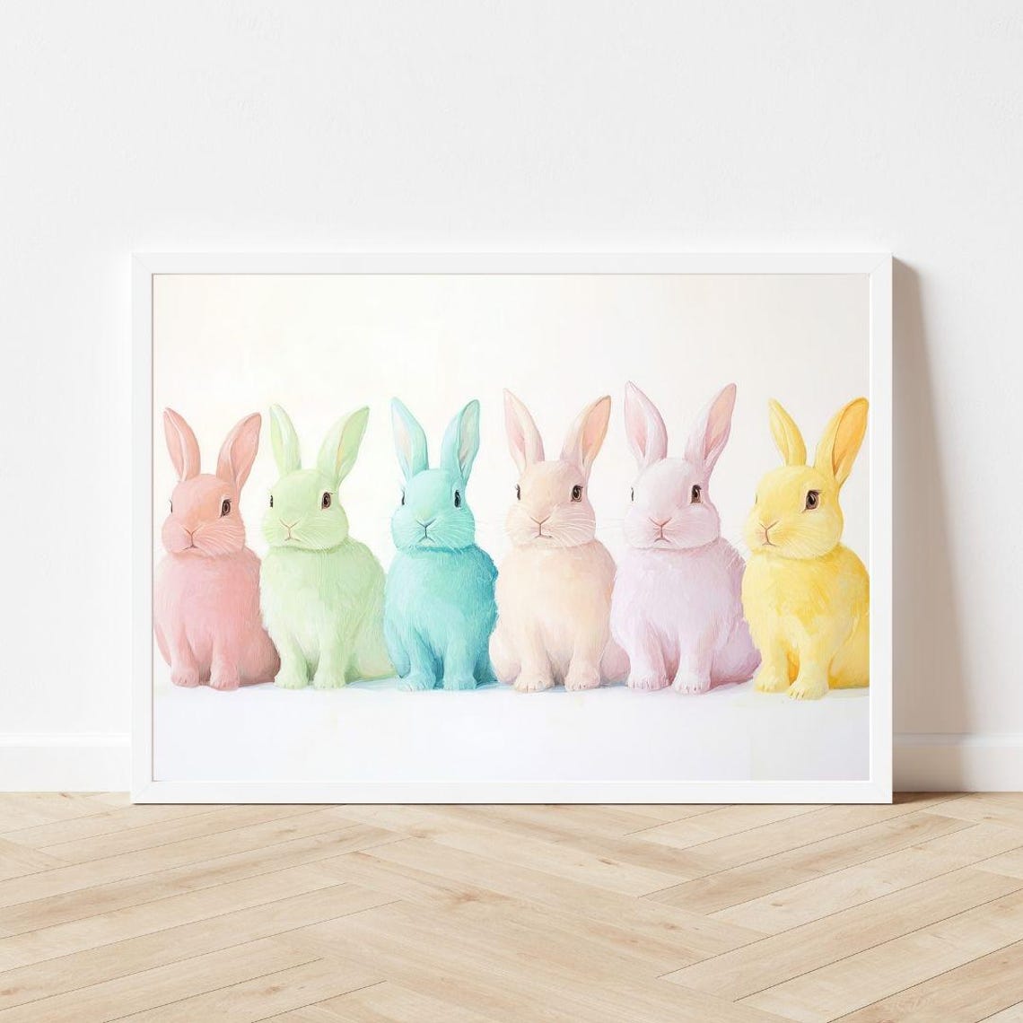Pastel Rainbow Bunnies in a Row Easter Nursery Painting Poster - Image 3