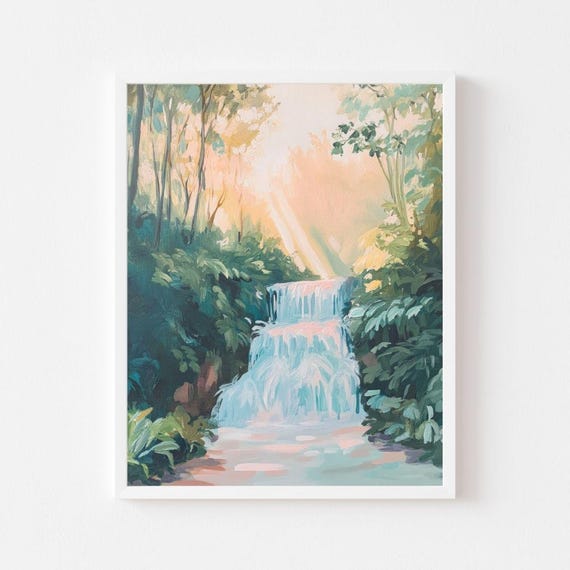 Forest Waterfall Landscape Painting Colorful Pastel Trees Wall Art Print Spring River Nature Summer Scenery