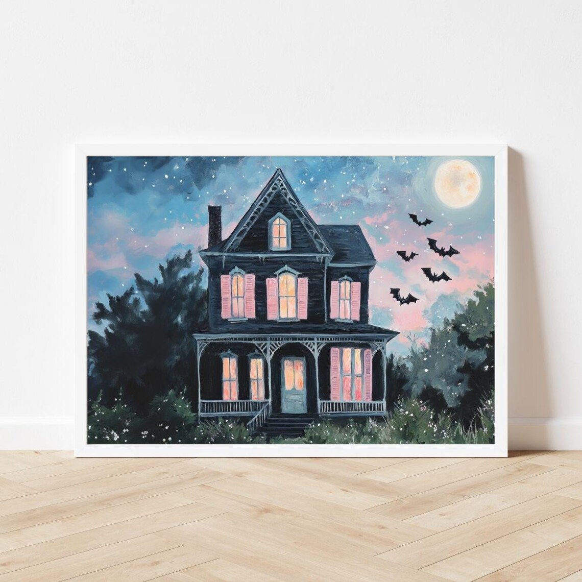 Black Haunted House and Bats, Pink Halloween Art Print - Image 3