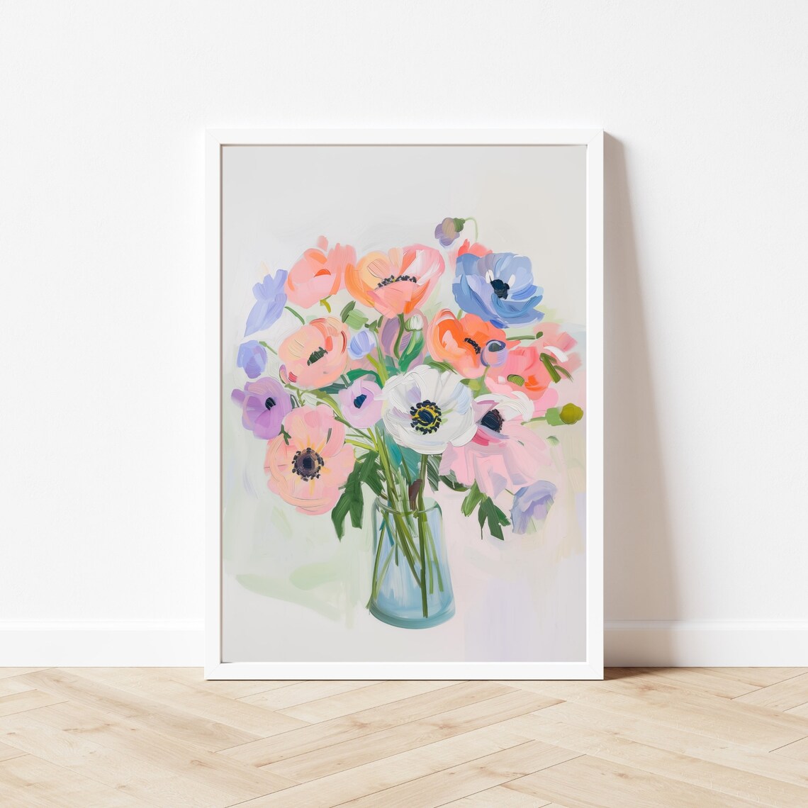 Pastel Poppy And Anemone Bouquet Glass Vase Floral Painting Poster - Image 3