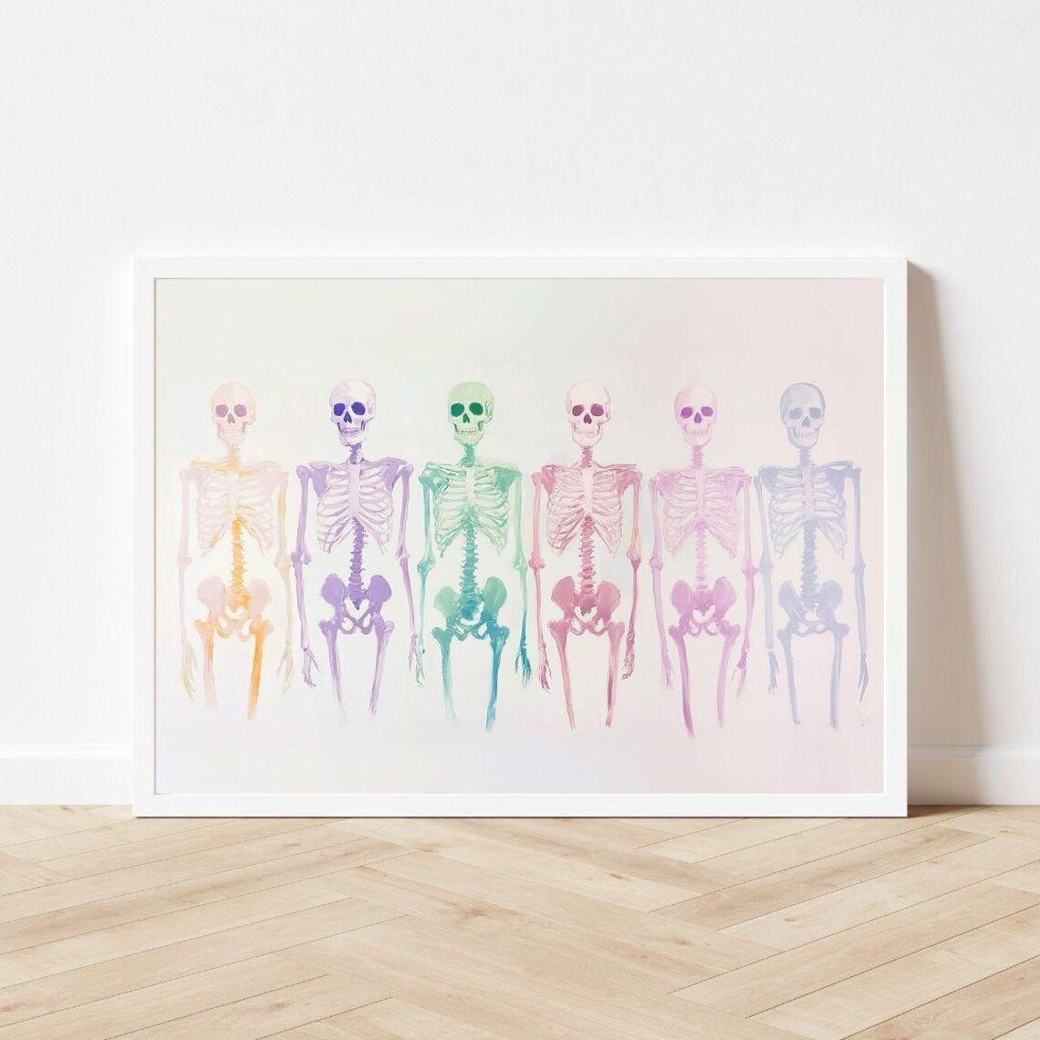 Pastel Watercolor Rainbow Skeletons Cute Halloween Decor Poster - Image 3