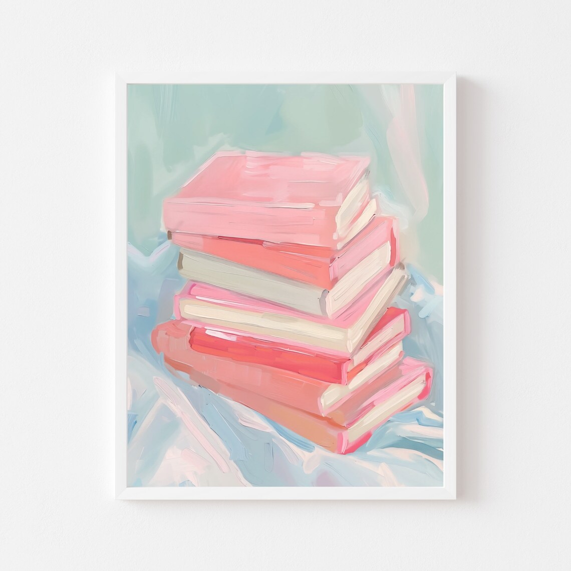 Pink Book Stack Painting, Pastel Reading Nook Art Print