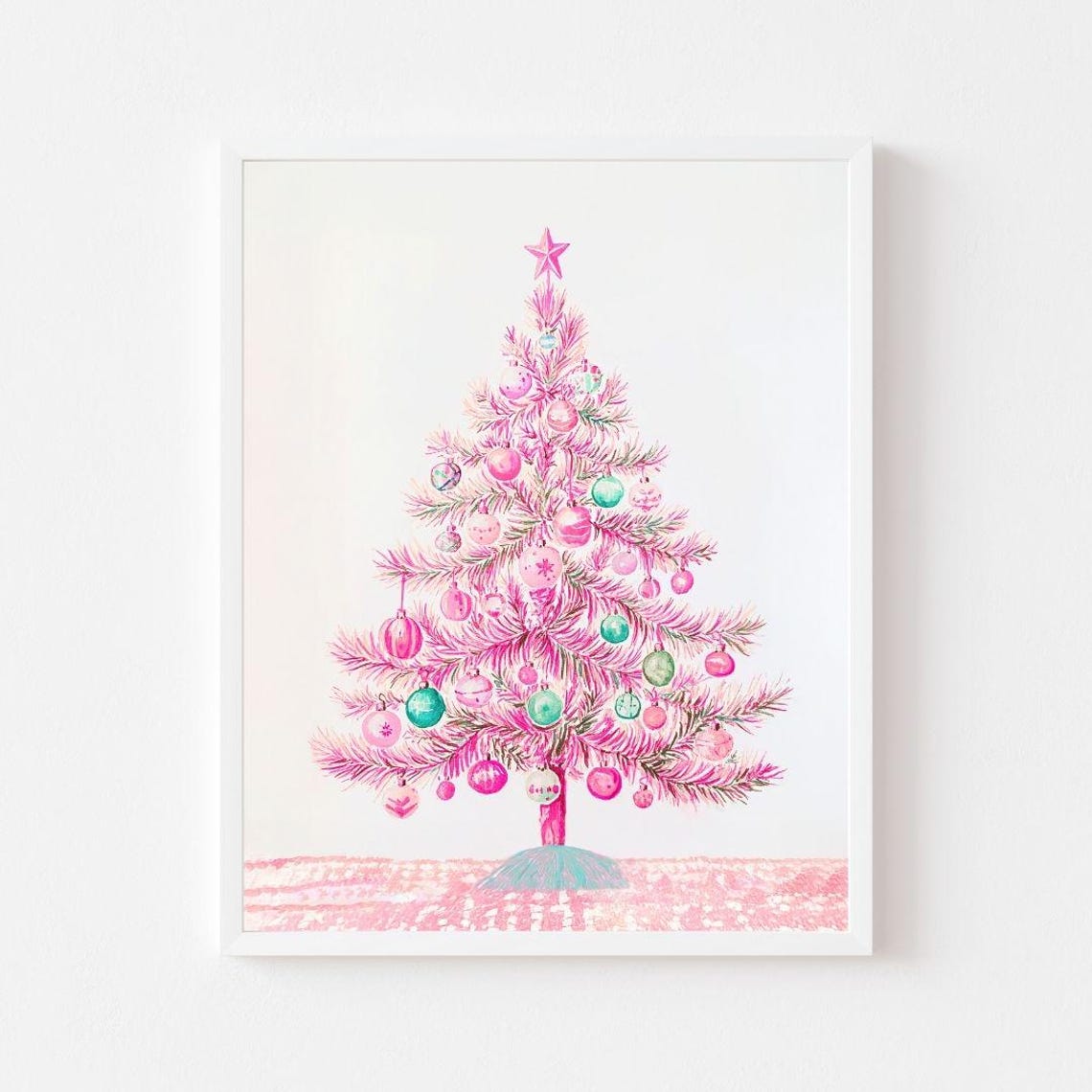 Pink Christmas Tree Pastel Ornaments Star Retro Holiday Poster
