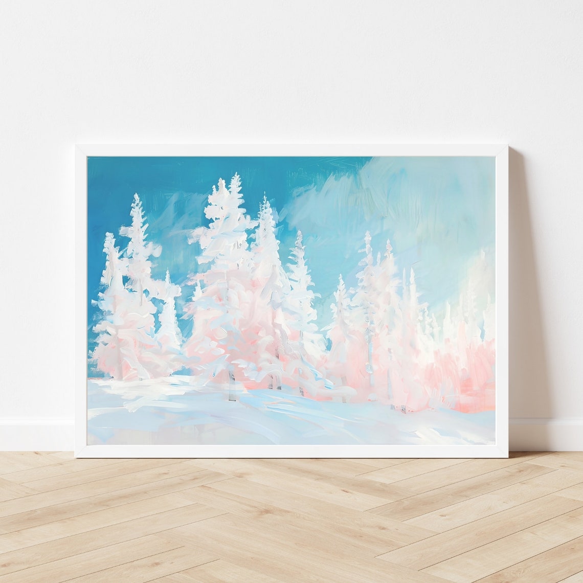 Pink Blue Winter Forest Painting Pastel Snowy Trees Wall Art Print Colorful Finland Cold Weather Landscape - Image 3