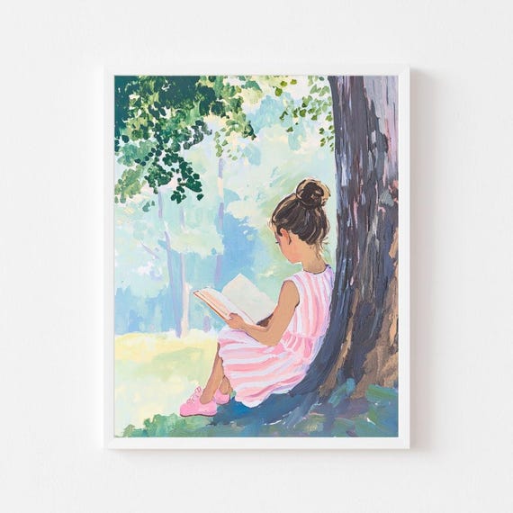 Girl Reading Under Tree Art Print, Kids Room Decor