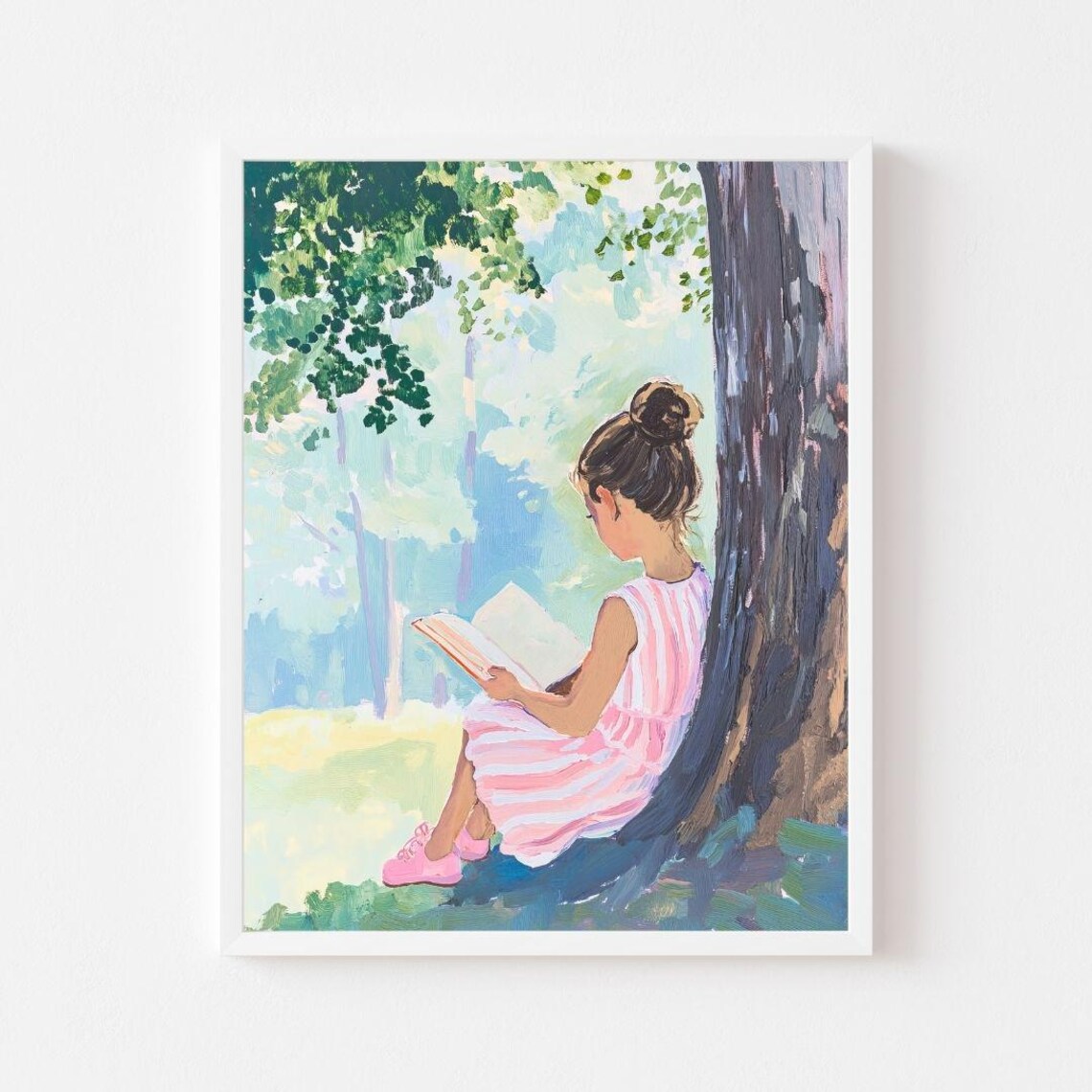 Girl Reading Under Tree Art Print, Kids Room Decor