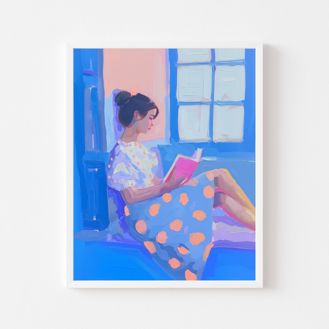 Woman Reading a Book by the Window in Blue Room Painting Poster