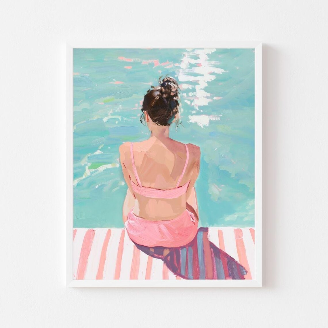 Woman In Pink Bikini At Pool Edge Pastel Painting Summer Poster