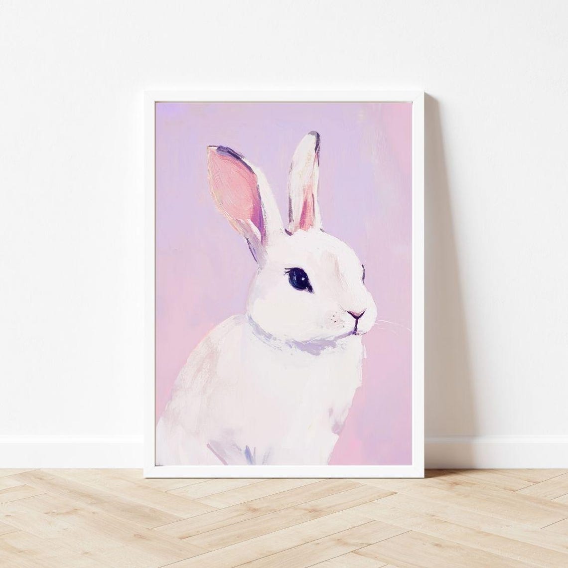 Sweet White Bunny Portrait Lavender Pastel Spring Nursery Poster - Image 3