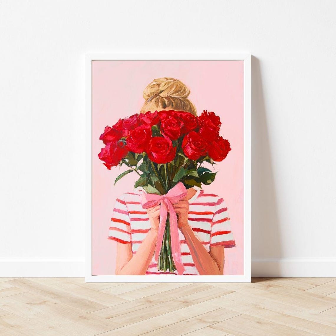 Girl Holding Red Rose Bouquet Painting Valentines Day Wall Art Print Pink Girls Room Preppy Pink Portrait - Image 3