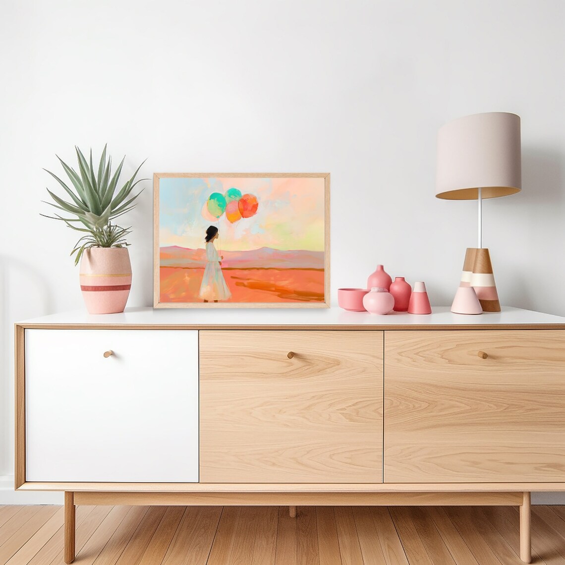 Woman Holding Balloons In A Desert At Sunset Landscape Poster - Image 2