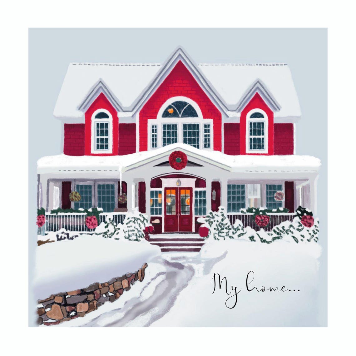 Snowy Red Brick House Watercolor with My Home Script Text Poster