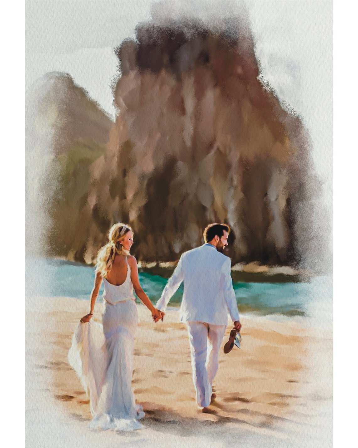 Tropical Beach Wedding Couple Embrace Beneath Palm Trees Watercolor Poster - Image 5