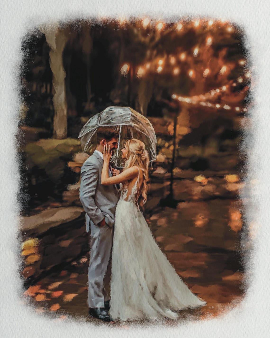 Custom Watercolor Wedding Painting Rain Umbrella String Lights Gift Poster