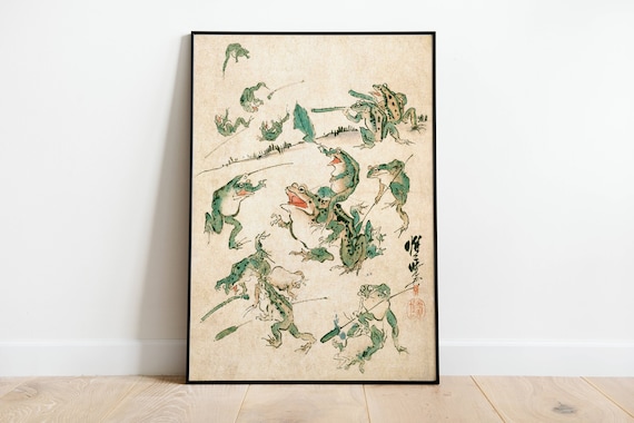 Frog Fight Vintage Japanese Art Deco Poster Print