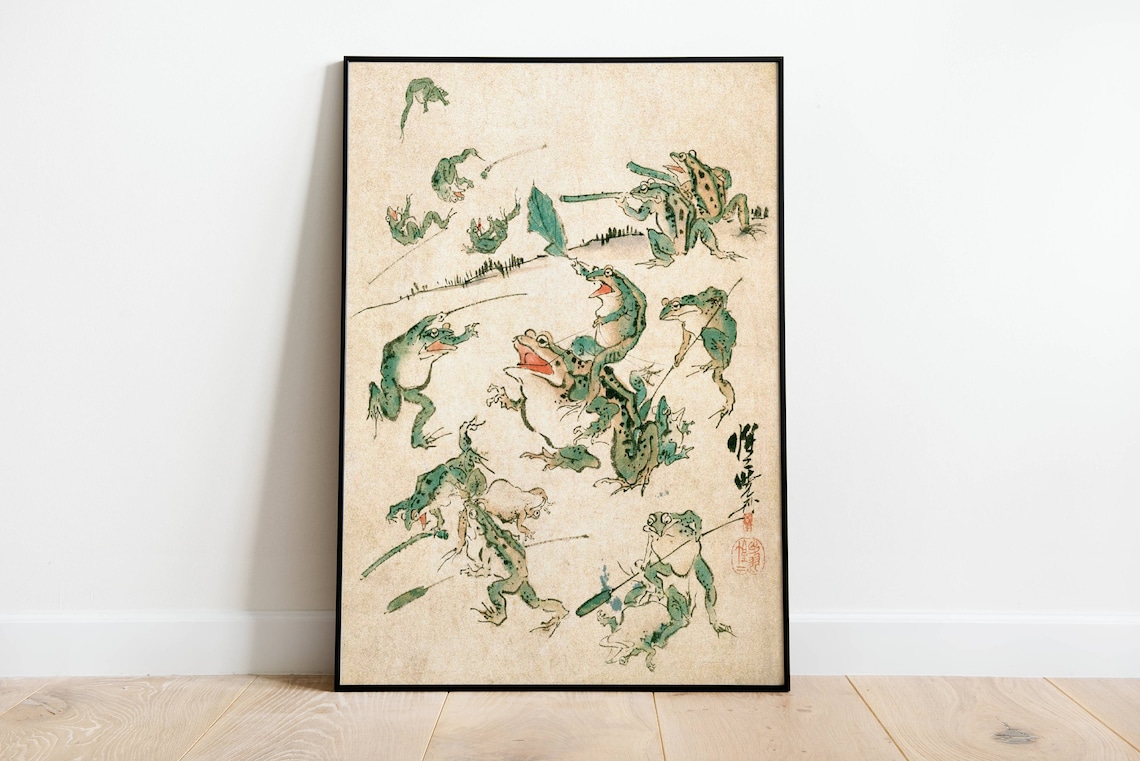 Frog Fight Vintage Japanese Art Deco Poster Print