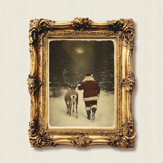 Vintage Moody Father Christmas And Reindeer Poster Santa Claus Print Vintage Christmas Decor Rustic Farmhouse Decor Christmas Art
