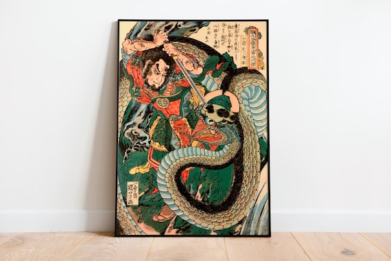 Japanese Samurai Vintage Poster, Kuniyoshi Woodblock Print