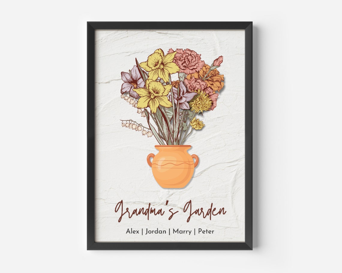 Custom Grandmas Garden Bouquet Birth Month Flower Art Birth Flower Family Bouquet Birth Month Flower Art Birth Month Flower Print Decor - Image 3