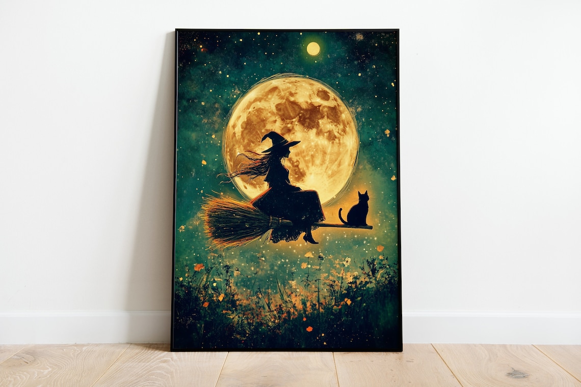Witch And Black Cat Flying On Broom Past Full Moon Halloween Poster