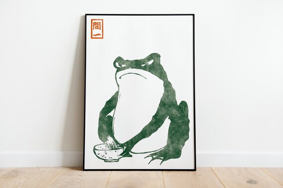 Green Frog Japanese Style Watercolor Artwork with Red Seal Poster