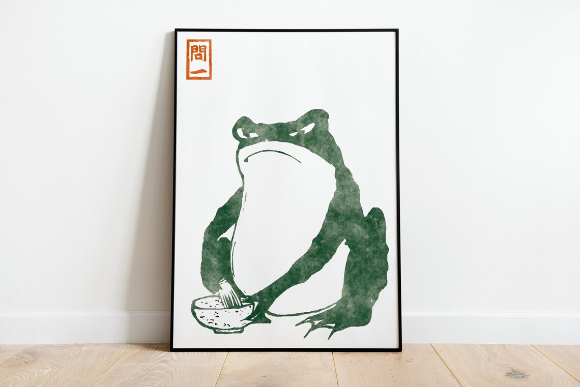 Green Frog Japanese Style Watercolor Artwork with Red Seal Poster