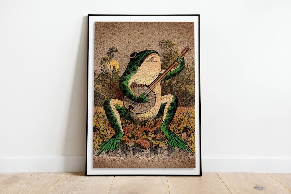 Vintage Frog Playing Banjo Moonlight Poster