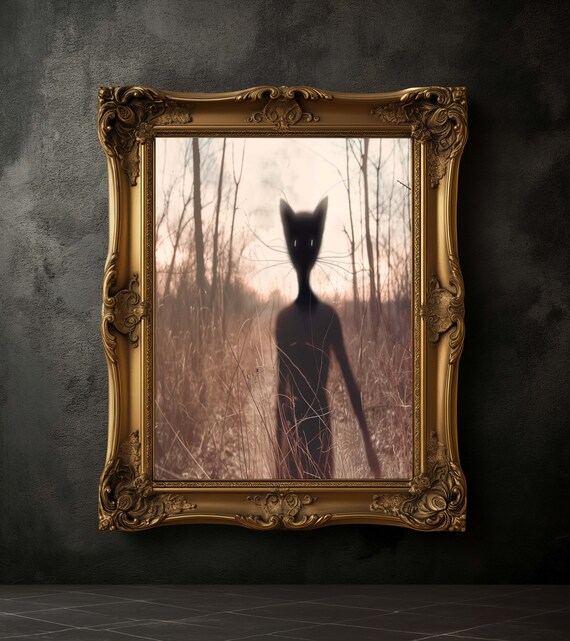 Slenderman Cat Creature Misty Forest Spooky Halloween Art Poster
